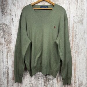 Polo Ralph Lauren Mens XXL Green Pima Cotton V-Neck Sweater Heathered Knit Pony